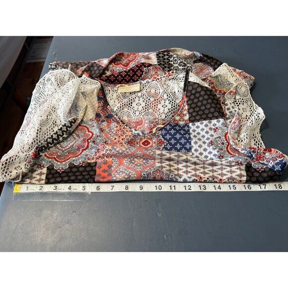 Patchwork Print Boho Top With Lace Ruffle Sleeves Bobbie Brooks Large Lagom - Picture 2 of 11